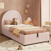 Łóżko dziecięce tapicerowane - 90 x 200 cm - z hydraulicznym schowkiem + zagłówek - welur - różowe