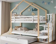 Łóżko piętrowe 90x200cm + łóżko wysuwane 90x190cm - łóżko dziecięce w kabinie ze schodkami do przechowywania - lite drewno - białe