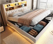 Łóżko dziecięce ze schowkiem 180x200 cm - z taśmą świetlną LED - z portem ładowania USB - len - beżowa (bez materaca)