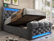 Łóżko skrzynia tapicerowane 90x200cm - z LED - z portami USB i Type-C - Welur - Szary