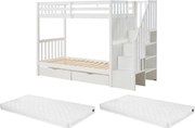 Łóżko piętrowe 90 x 190 cm z szufladami - Sosna i MDF - Białe + Materac - ZILENI