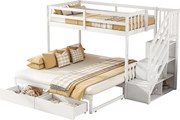 Łóżko piętrowe drewniane - 90x200cm + 90/180x200cm - 2 szuflady i półki - 2 stelaże - Białe