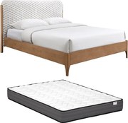 Łóżko 160 x 200 cm z zagłówkiem z ekologicznego futra – Biały i naturalny + Materac – SERAVELA