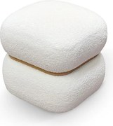 Kwadratowa pufa z białej tkaniny z efektem wełny i drewnianym pierścieniem - BOSTON