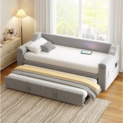 Leżanka 90/180x190 cm - Jasnoszary aksamit - Łóżko dla dorosłych z systemem audio Bluetooth i ładowaniem USB - Bez materaca