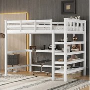 Łóżko piętrowe 140 x 200 cm z biurkiem i półkami do przechowywania - Drewno sosnowe + MDF - Białe