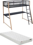 Łóżko z antresolą MALICIA – 90 × 190 cm – wbudowane biurko – kolor czarny i dębowy, w zestawie z materacem