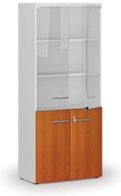 Szafa biurowa kombinowana PRIMO WHITE z drzwiami drewnianymi i szklanymi, 800 x 420 x 1781 mm, biały/wiśnia