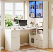 Biurko narożne 120×80×180 cm - Z półkami i witryną LED - 3 szuflady, 2 drzwi i otwarte półki - MDF - Biały
