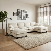 4-osobowa sofa modułowa w kształcie U z ruchomymi pufami, z beżowej tkaniny szenilowej