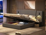 Łóżko z tapicerowanym welurem - 180x200cm - z lampkami do czytania i portem ładowania - Szare