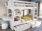 Łóżko piętrowe z drewna i płyty MDF - 90x200 cm - z 2 szufladami i składanym biurkiem - Białe (bez materaca)