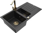 Mexen Matias zlewozmywak granitowy 1,5-komorowy z ociekaczem i baterią kuchenną Rita, czarny/srebrny metalik - 6502-73-670300-50