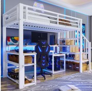 Łóżko piętrowe dla dzieci - 90 x 200 cm - rama żeliwna - z półką + drabinka + diody LED + biurko + port USB - metalowe - białe