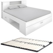 Łóżko ze skrzynią i szufladami - 140 x 190 cm - Kolor: biały + Stelaż - LEANDRE