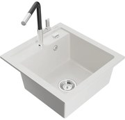 Mexen Vito zlewozmywak granitowy 1-komorowy z baterią kuchenną Flora, biały - 6503-20-670401-07