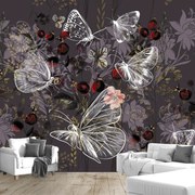 Fototapeta - Vintage motyle z kwiatami, fioletowa (196x136 cm)