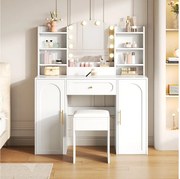 Nowoczesna toaletka - 110 x 40 x 132 cm - z diodami LED + lustro + stołek + szuflada + 2 drzwi - MDF + płyta wiórowa - biała
