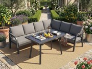 Zestaw Jadalniany Narożny 6 Osób - Kanapa w Kształcie L ze Stojącym Stołem ze Szkła - Wykończenie z Plecionego Sznurka - Wytrzymała Stal Ocynkowana - Szary