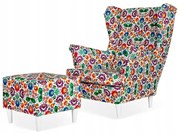 Fotel Uszak z podnóżkiem góralski kwiecisty wzór