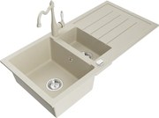 Mexen Andres zlewozmywak granitowy 1,5-komorowy z ociekaczem i baterią kuchenną Carla, beżowy - 6515-69-670700-69