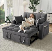 Szara sofa 2-osobowa - rozkładana sofa z uchwytem na kubek i kieszenią do przechowywania - poduszki i kółka