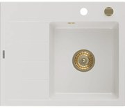 Mexen Ben zlewozmywak granitowy 1-komorowy z ociekaczem, prawy 600 x 500 mm, biały, syfon złoty - 6523605000-20-G