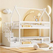 Łóżka piętrowe dla dzieci - 2 x 90 x 200 - ze schodkami do przechowywania + barierkami + dachem - drewniane - białe