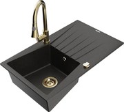 Mexen Cesar zlewozmywak granitowy 1-komorowy z ociekaczem i baterią kuchenną Elia, czarny/złoty metalik - 6514-75-670101-50