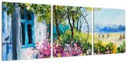 Obraz ogrodu przed domem, obraz olejny (z zegarem) (90x30 cm)