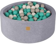 Okrągły Suchy Basen Dla Dziecka 90x30cm/200 Piłek 7cm, Welurowy, Jasnoszary, Piłki: Białe, Szare, Turkusowe - Meowbaby®