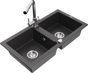 Mexen Mario zlewozmywak granitowy 2-komorowy z baterią kuchenną Duero, czarny nakrapiany - 6504-76-671600-00