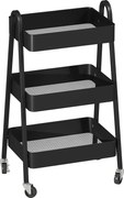 HOMCOM Wózek Serwisowy z 3 Poziomami na Kółkach z Uchwytem i Hamulcem dla Kuchni Biura Łazienki, Czarny