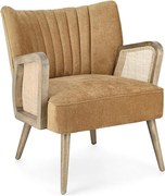 Musztardowy fotel z tkaniny z efektem aksamitu, drewniane nogi i podłokietniki - VIRNA