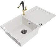 Mexen Leo zlewozmywak granitowy 1-komorowy z ociekaczem i baterią kuchenną Flora, biały - 6501-20-670401-57-B