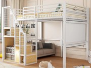 Łóżko mezzanine dla dzieci 140x200cm - z drabiną zabezpieczającą i schowkami - Białe