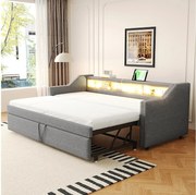 Łóżko dziecięce wysuwane 90/180 x 190 cm - Tkanina lniana - Diody LED i port USB - Szare