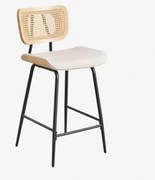 Wysoki Stołek Z Drewna, Rattanu I Skóry Ekologicznej Raysa Naturalna & ↑65 Cm & Sztucznej Skóry Distressed White - Sklum