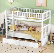 Łóżka piętrowe dla dzieci - 2x90x200 cm - 2 szuflady - rama sosnowa biała - stelaż z listew - barierki zabezpieczające - MERAX