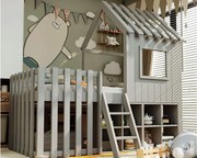 Łóżko domek dziecięce 90x200 cm - z daszkiem + okienkiem - z drabinką 2-stopniową i półeczkami - szare