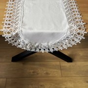 Bieżnik z gipiurą owalny imitacja lnu biały stylowy - 40x85 cm