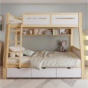Łóżko piętrowe dla dzieci - 90 x 200 cm + 120 x 200 cm - z 3 szufladami + barierka - sosna + MDF - białe + naturalne