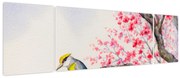 Obraz - ptak na drzewie z czerwonymi kwiatami (170x50 cm)