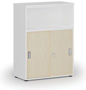 Szafa biurowa kombinowana z drzwiami przesuwnymi PRIMO WHITE, 800 x 420 x 1087 mm, biały/brzoza