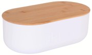Biały chlebak z tworzywa sztucznego, bambusowa pokrywa, 35 x 19 x 12 cm