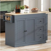 Rozkładana wyspa kuchenna na kółkach - 112/186,8 x 45 x 93 cm - z półką + 3 szufladami + 2 drzwiami - MDF - szara