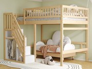 Łóżko mezzanine 140x200cm - ze schodami z miejscem do przechowywania - drewno lite + sklejka + MDF - Naturalny