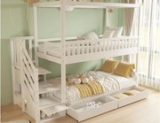 Łóżko piętrowe dziecięce 90×200 cm - design z barierką bezpieczeństwa - z 2 szufladami - drabinka bezpieczeństwa - białe