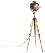 Lampa podłogowa na trójnogu czarna z drewnianym kloszem - RadientPrzemysłowy Oswietlenie wewnetrzne