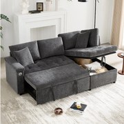 Sofa 3-osobowa, Sofa rozkładana z portami USB i schowkiem, tapicerowane oparcie - Ciemnoszary szenil